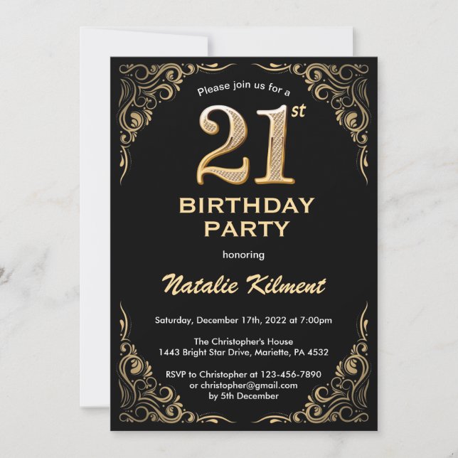 21st Birthday Black and Gold Glitter Frame Invitation (Front)