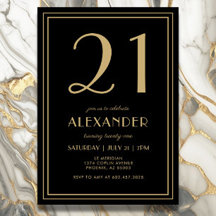 21st Birthday Black and Gold Modern Minimal Adult Invitation
