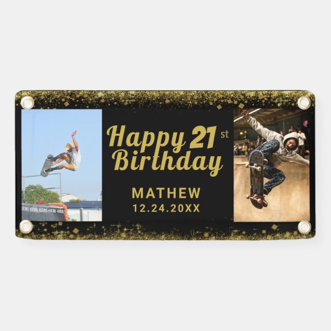 21st Birthday Black and Gold Photo Glitter Banner (Horizontal)