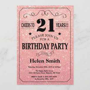 21st Birthday Black and Pink Rose Gold Glitter Invitation