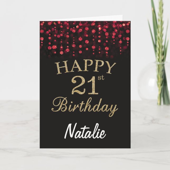 21st Birthday Black and Red Gold Glitter Card (Front)