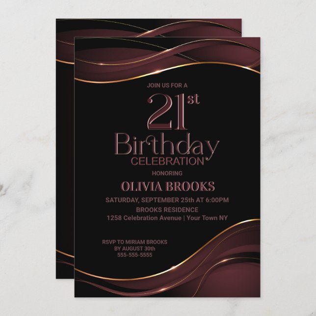 21st Birthday Black Dusty Pink Party Invitation (Front/Back)