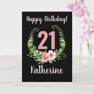 21st Birthday black Floral Girl Name Card