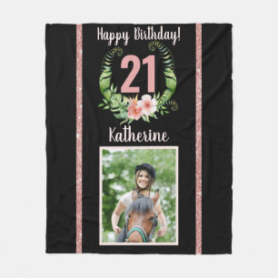 21st birthday black floral name fleece blanket