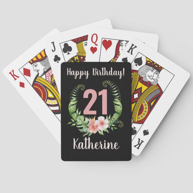21st birthday black floral  playing cards (Back)