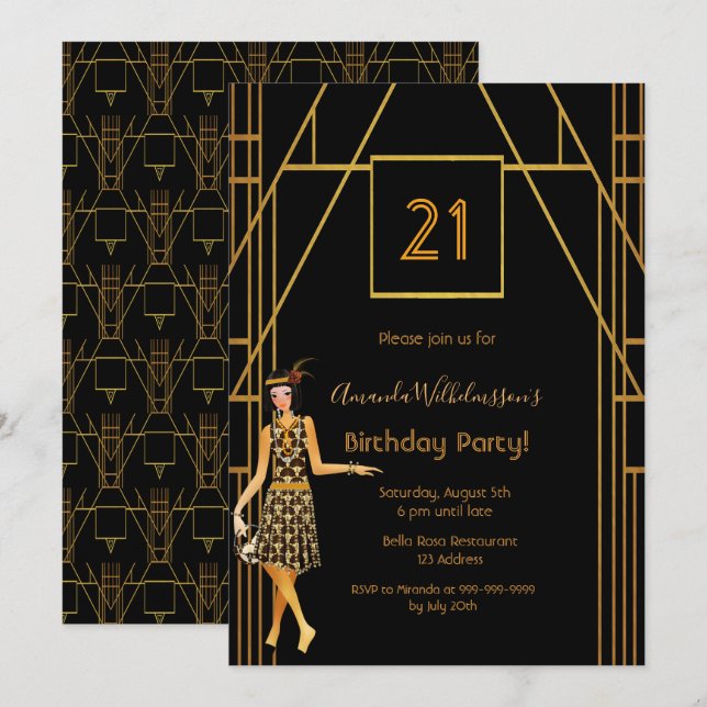 21st birthday black gold 1920 art deco invitation (Front/Back)