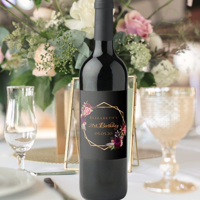 21st birthday black gold floral geometric name wine label (Creator Uploaded)
