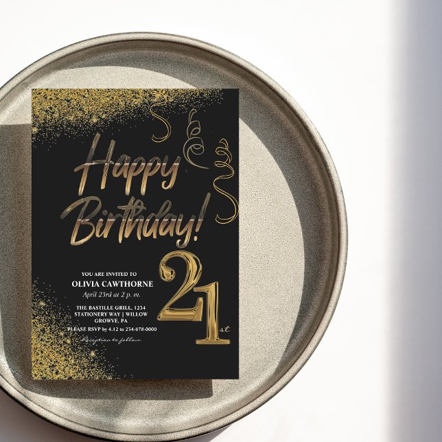 21st Birthday Black & Gold Glitter Modern  Invitation (Creator Uploaded)