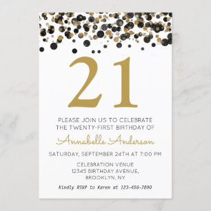 21st Birthday Black Gold Glitter Sparkle Confetti Invitation