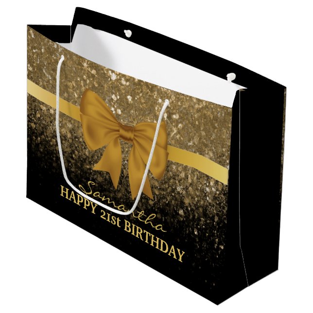 21st Birthday Black Gold Glitter Sparkle Large Gift Bag (Front Angled)