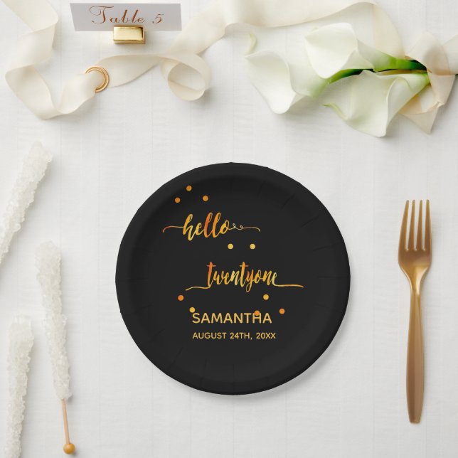 21st birthday black gold hello 21 name script paper plate (Wedding)