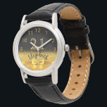 21st birthday black gold monogram elegant bow watch<br><div class="desc">Elegant, classic, glamourous and feminine. A faux gold coloured bow and ribbon with golden glitter and sparkle, a bit of bling and luxury for a birthday gift or keepsake. Black background. Templates for her name, and the age 21. The name is written with a modern hand lettered style script. Golden...</div>