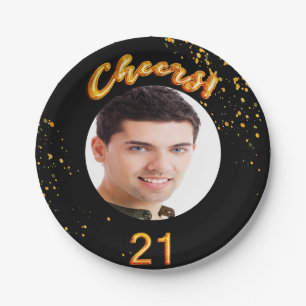 21st birthday black gold photo guy paper plate