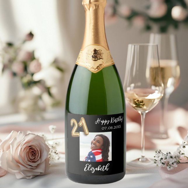 21st Birthday black gold photo Sparkling Wine Label (Creator Uploaded)