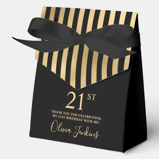 21st Birthday Black Gold Striped Thank You  Favour Box (Front)