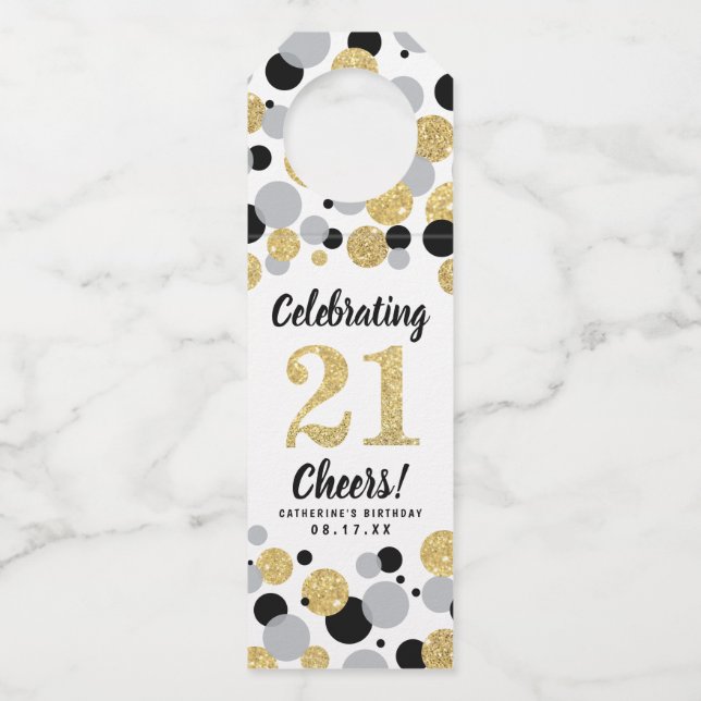 21st Birthday Black Grey Gold Glitter Confetti Bottle Tag (Front)