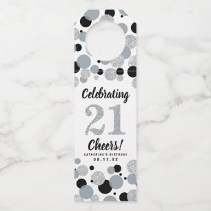 21st Birthday Black Grey Silver Glitter Confetti Bottle Tag