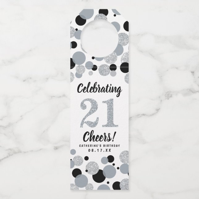 21st Birthday Black Grey Silver Glitter Confetti Bottle Tag (Front)
