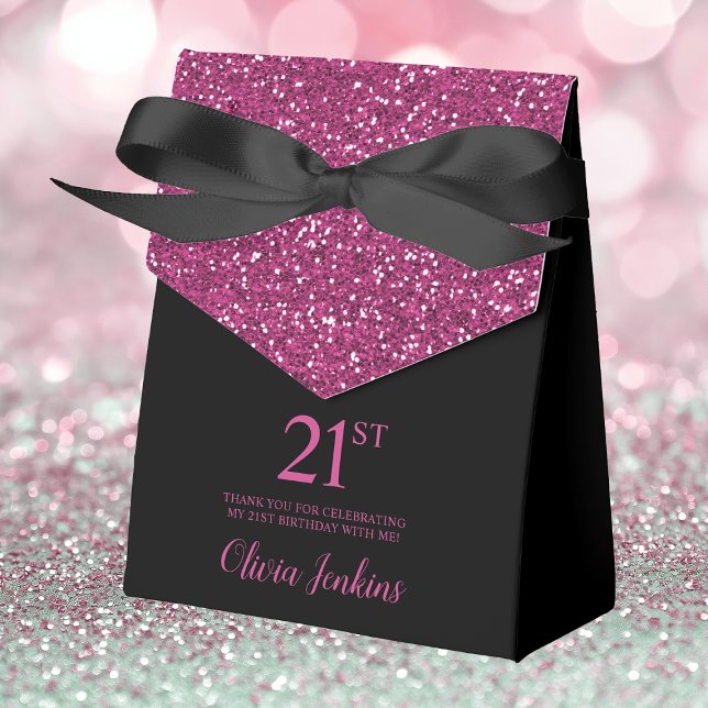 21st Birthday Black Hot Pink Glitter Thank You Favour Box (Creator Uploaded)