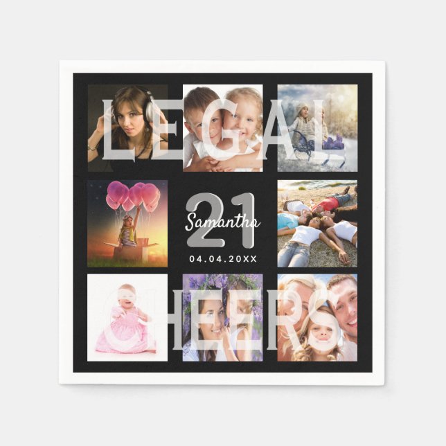 21st birthday black photo collage legal napkin (Front)