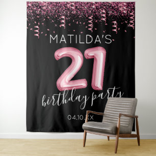21st Birthday Black Pink Photo Backdrop Tapestry