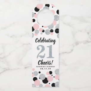 21st Birthday Black Pink Silver Glitter Confetti Bottle Tag