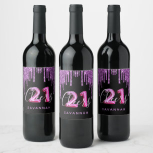 21st birthday black purple glitter cheers wine label