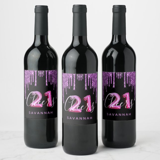 21st birthday black purple glitter cheers wine label (Bottles)