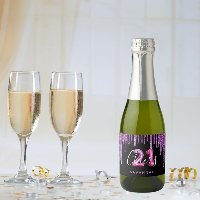 21st birthday black purple glitter glam cheers sparkling wine label (Creator Uploaded)