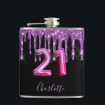 21st birthday black purple glitter script friends hip flask<br><div class="desc">A gift from friends for a girly and glamourous 21st birthday girl. A classic black background with purple faux glitter drips, paint dripping look. Personalise and add a name.The text: The name is written in violet with a modern hand lettered style script. Age 21 is written with a trendy balloon...</div>