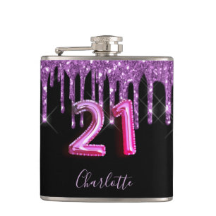 21st birthday black purple glitter script friends hip flask