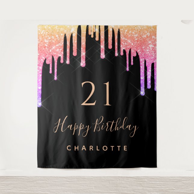 21st birthday black rainbow glitter pink purple tapestry (Front)