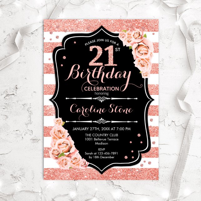 21st Birthday Black Rose Gold and White Stripes Invitation (Creator Uploaded)