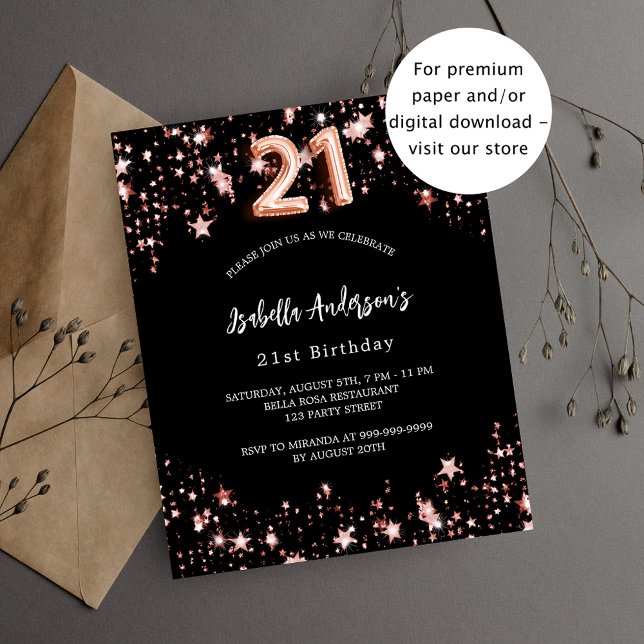 21st birthday black rose gold budget invitation (Creator Uploaded)
