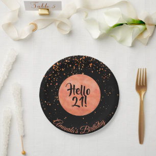 21st birthday black rose gold confetti hello 21 paper plate