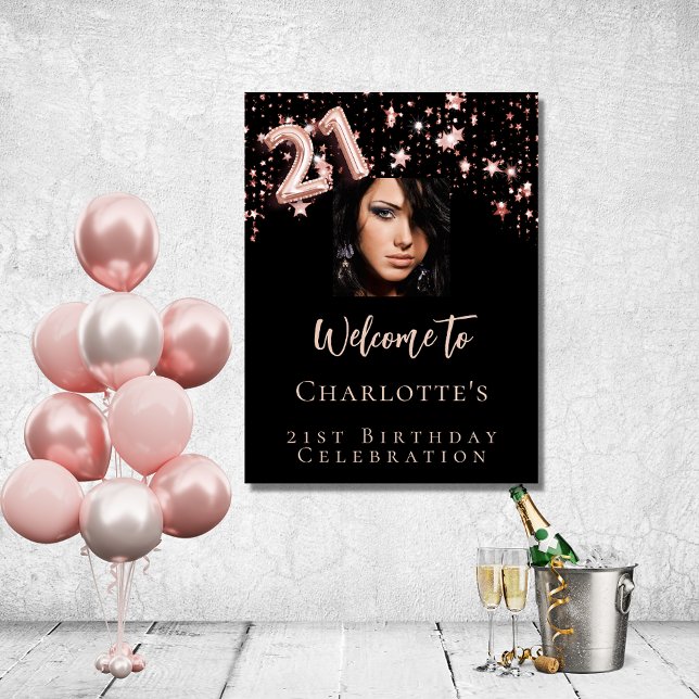 21st birthday black rose gold photo stars welcome poster (Creator Uploaded)