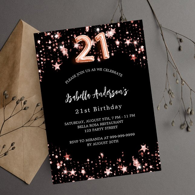 21st birthday black rose gold stars luxury invitation (Creator Uploaded)