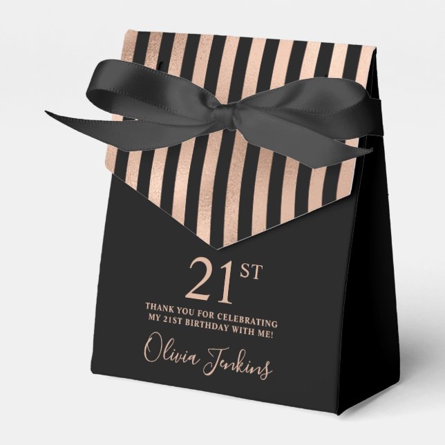 21st Birthday Black Rose Gold Striped Thank You Favour Box (Front Side)