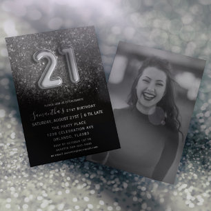 21st Birthday Black Silver Glitter Party Invitation