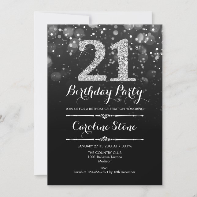 21st Birthday - Black Silver Invitation (Front)