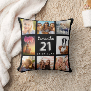 21st birthday black silver photo collage cushion