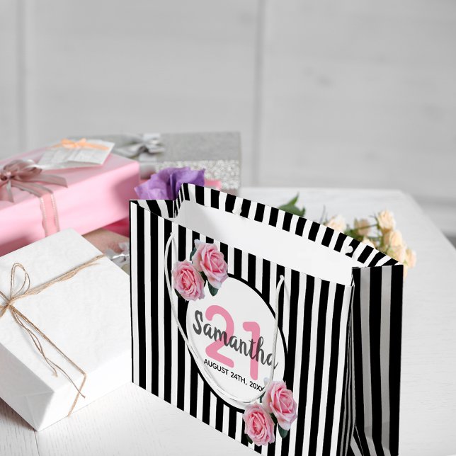 21st birthday black stripes pink roses name large gift bag (Creator Uploaded)