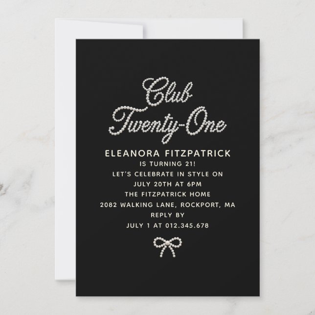 21st Birthday Black White Pearl Script Bow Invitation (Front)