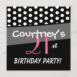 21st Birthday Black White Pink Polka Dots Invitation