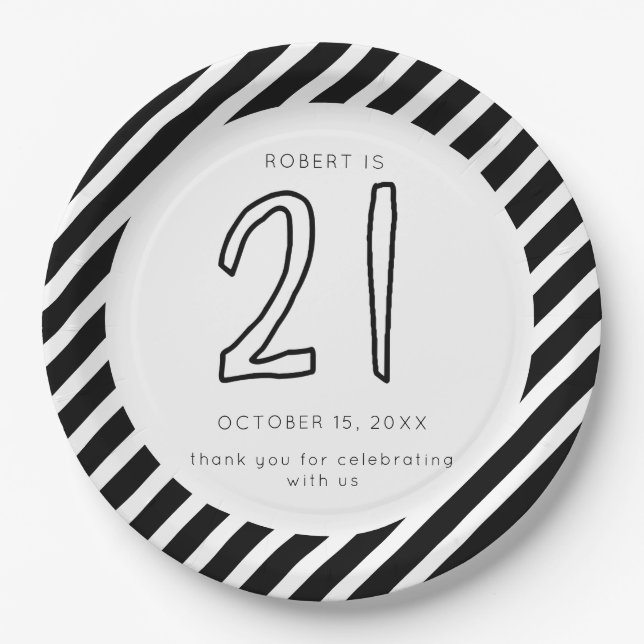 21st Birthday Black & White Stripes Simple Modern Paper Plate (Front)