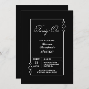 21st Birthday Black with White Frame Party Invitation