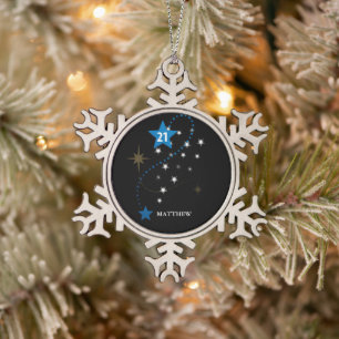 21st Birthday Blue and Black Personalised Snowflake Pewter Christmas Ornament