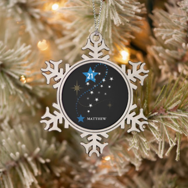 21st Birthday Blue and Black Personalised Snowflake Pewter Christmas Ornament (Tree)