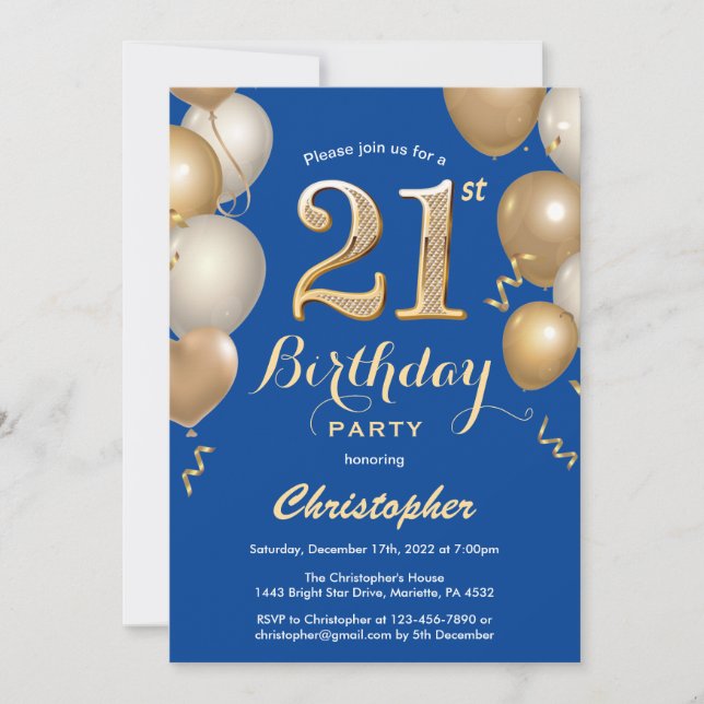 21st Birthday Blue and Gold Balloons Confetti Invitation (Front)