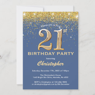 21st Birthday Blue and Gold Glitter Confetti Invitation